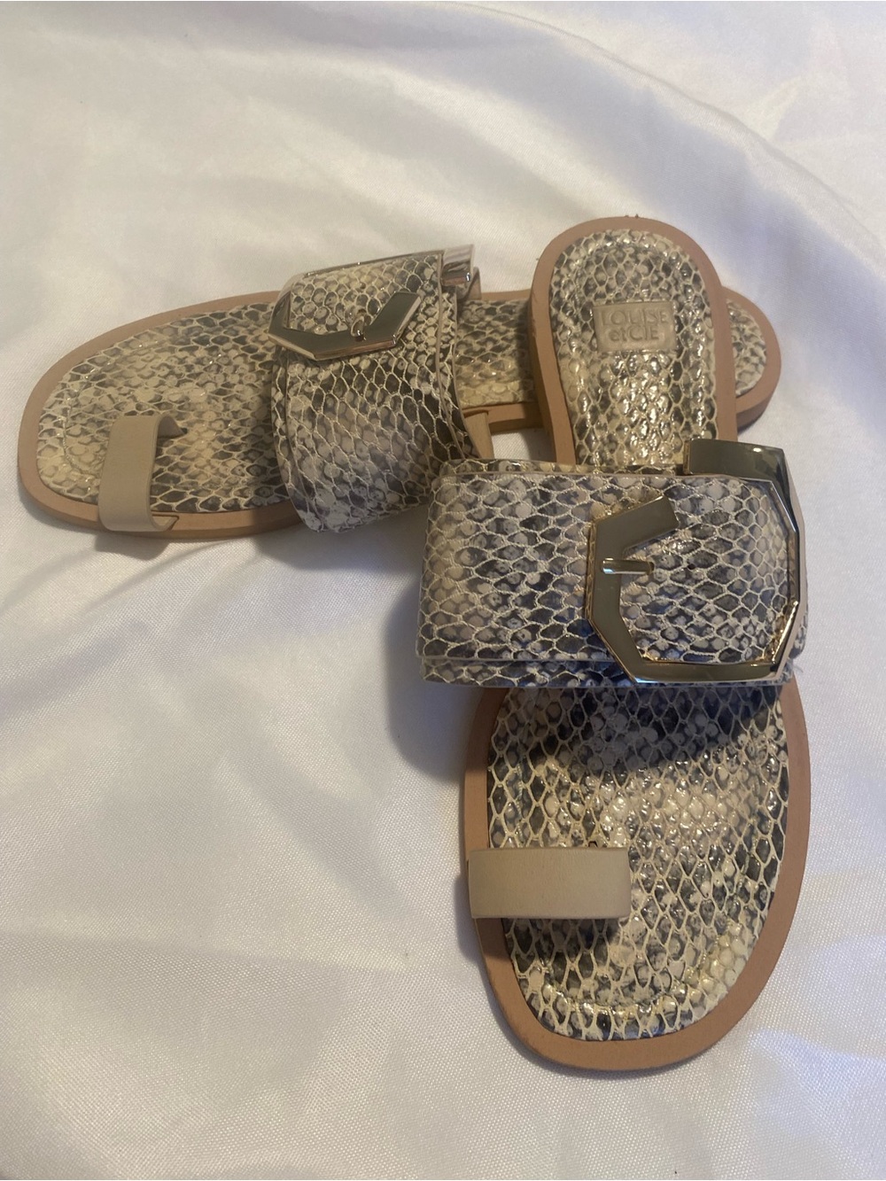 Louise et Cie Beige Snake-Print Slide Sandals with Gold Buckle